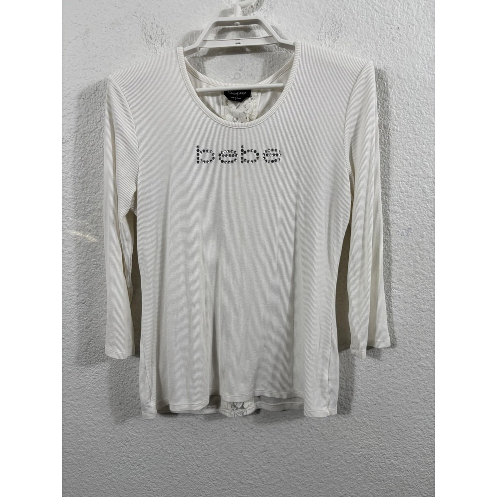 Bebe‎ Shirt Womens Large White Rhinestone Logo Lace Up Back Ribbed Y2K Top